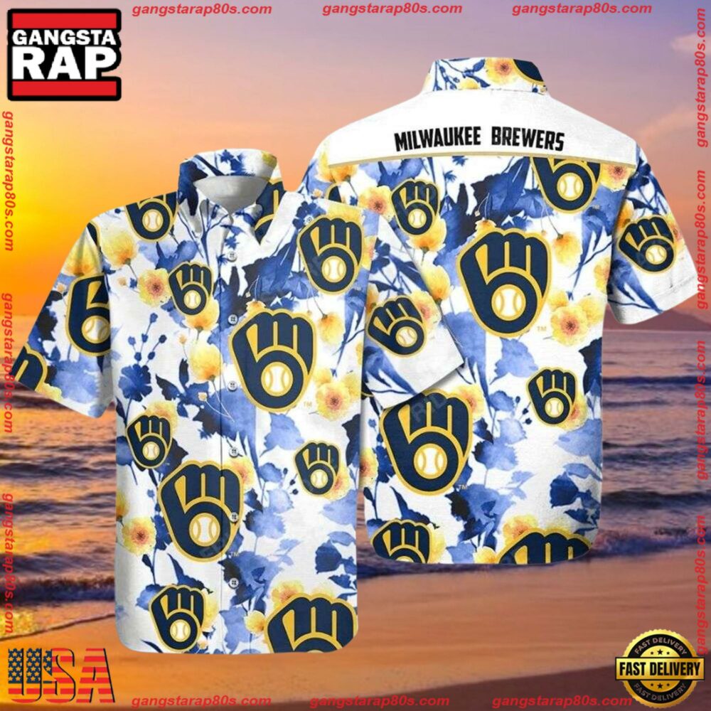 MLB Brewers' Blooming Blue - Milwaukee Brewers Floral Hawaiian Shirt MLB Brewers' Blooming Blue - Milwaukee Brewers Floral Hawaiian Shirt