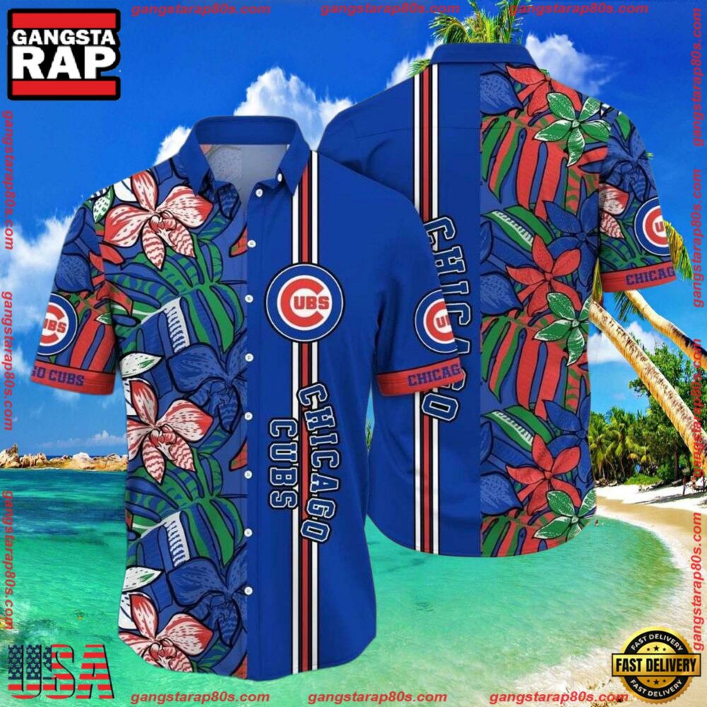 MLB Chicago Cubs Botanical Pitch Hawaiian Shirt - Vibrant Flora And Stripes MLB Chicago Cubs Botanical Pitch Hawaiian Shirt - Vibrant Flora And Stripes
