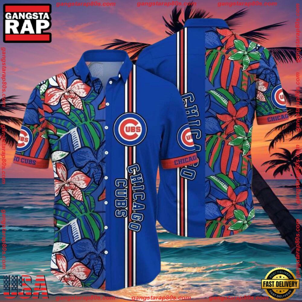 MLB Chicago Cubs Botanical Pitch Hawaiian Shirt - Vibrant Flora And Stripes MLB Chicago Cubs Botanical Pitch Hawaiian Shirt - Vibrant Flora And Stripes