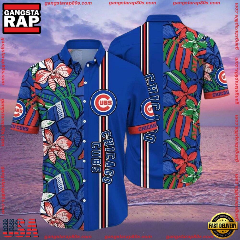 MLB Chicago Cubs Botanical Pitch Hawaiian Shirt - Vibrant Flora And Stripes MLB Chicago Cubs Botanical Pitch Hawaiian Shirt - Vibrant Flora And Stripes