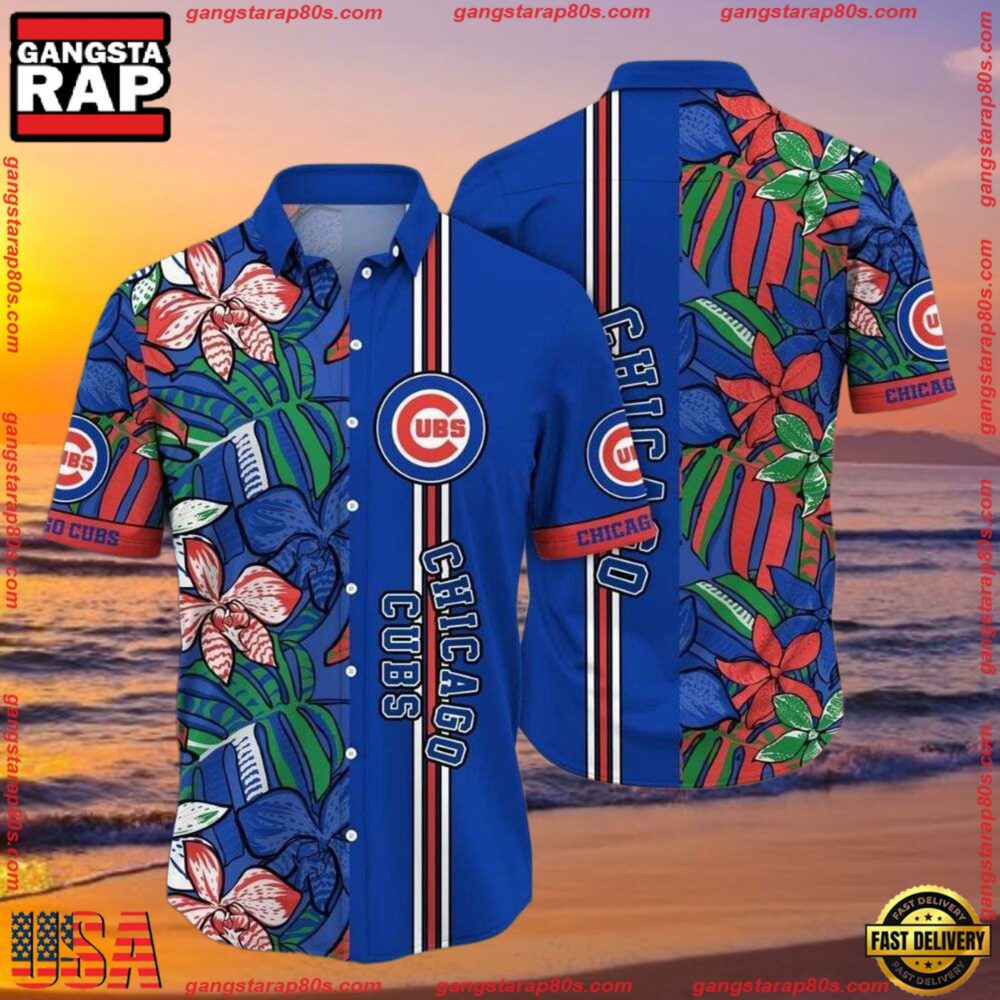 MLB Chicago Cubs Botanical Pitch Hawaiian Shirt - Vibrant Flora And Stripes MLB Chicago Cubs Botanical Pitch Hawaiian Shirt - Vibrant Flora And Stripes