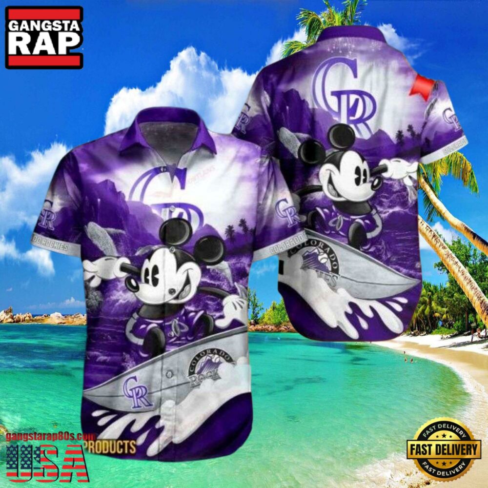 MLB Colorado Rockies Aloha Shirt Featuring Mickey Mouse Riding Waves MLB Colorado Rockies Aloha Shirt Featuring Mickey Mouse Riding Waves