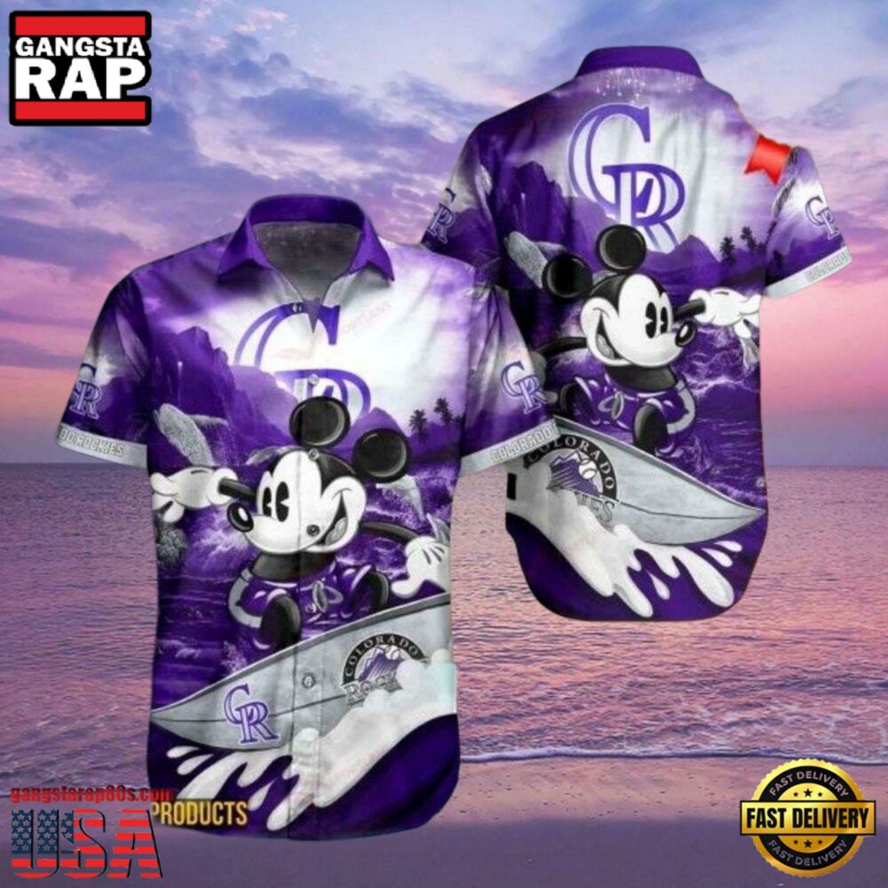 MLB Colorado Rockies Aloha Shirt Featuring Mickey Mouse Riding Waves MLB Colorado Rockies Aloha Shirt Featuring Mickey Mouse Riding Waves