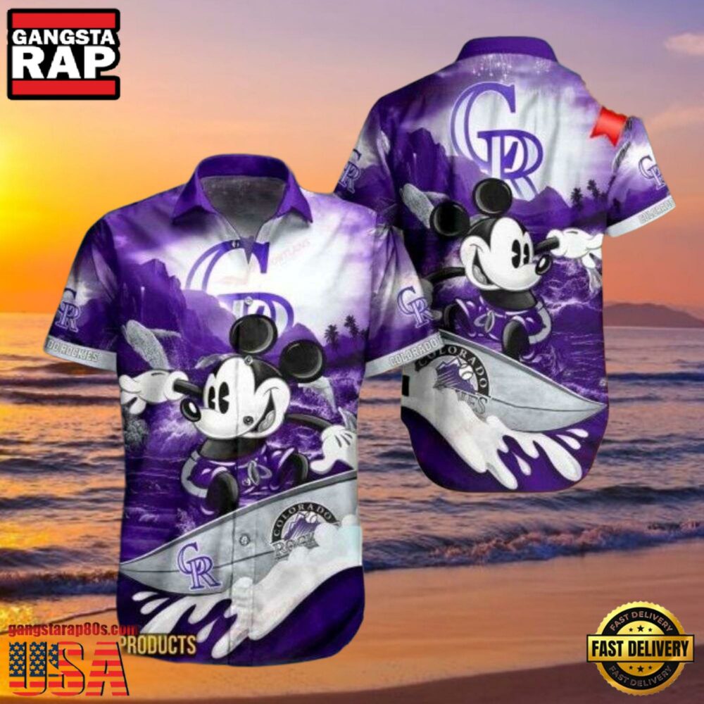 MLB Colorado Rockies Aloha Shirt Featuring Mickey Mouse Riding Waves MLB Colorado Rockies Aloha Shirt Featuring Mickey Mouse Riding Waves