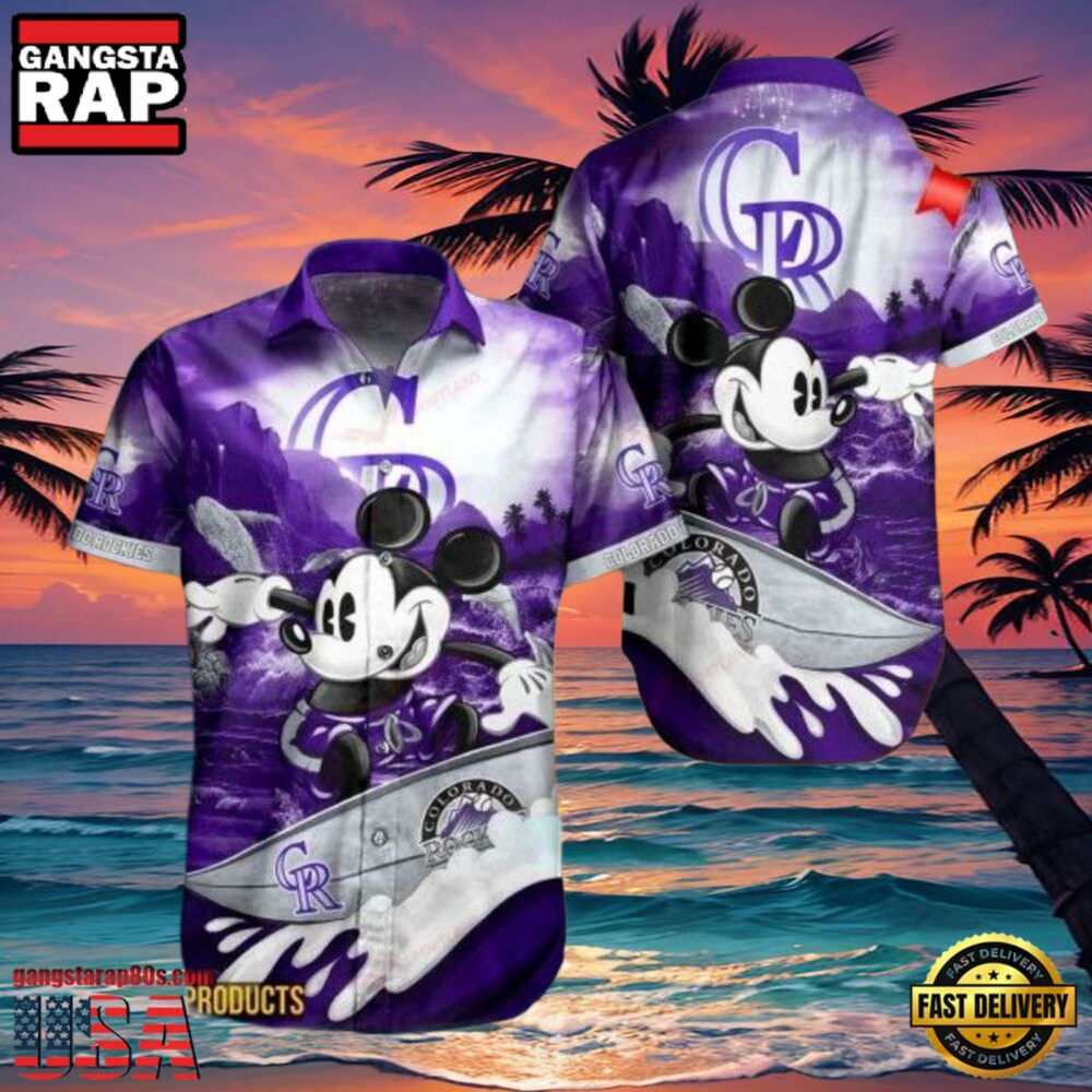 MLB Colorado Rockies Aloha Shirt Featuring Mickey Mouse Riding Waves MLB Colorado Rockies Aloha Shirt Featuring Mickey Mouse Riding Waves