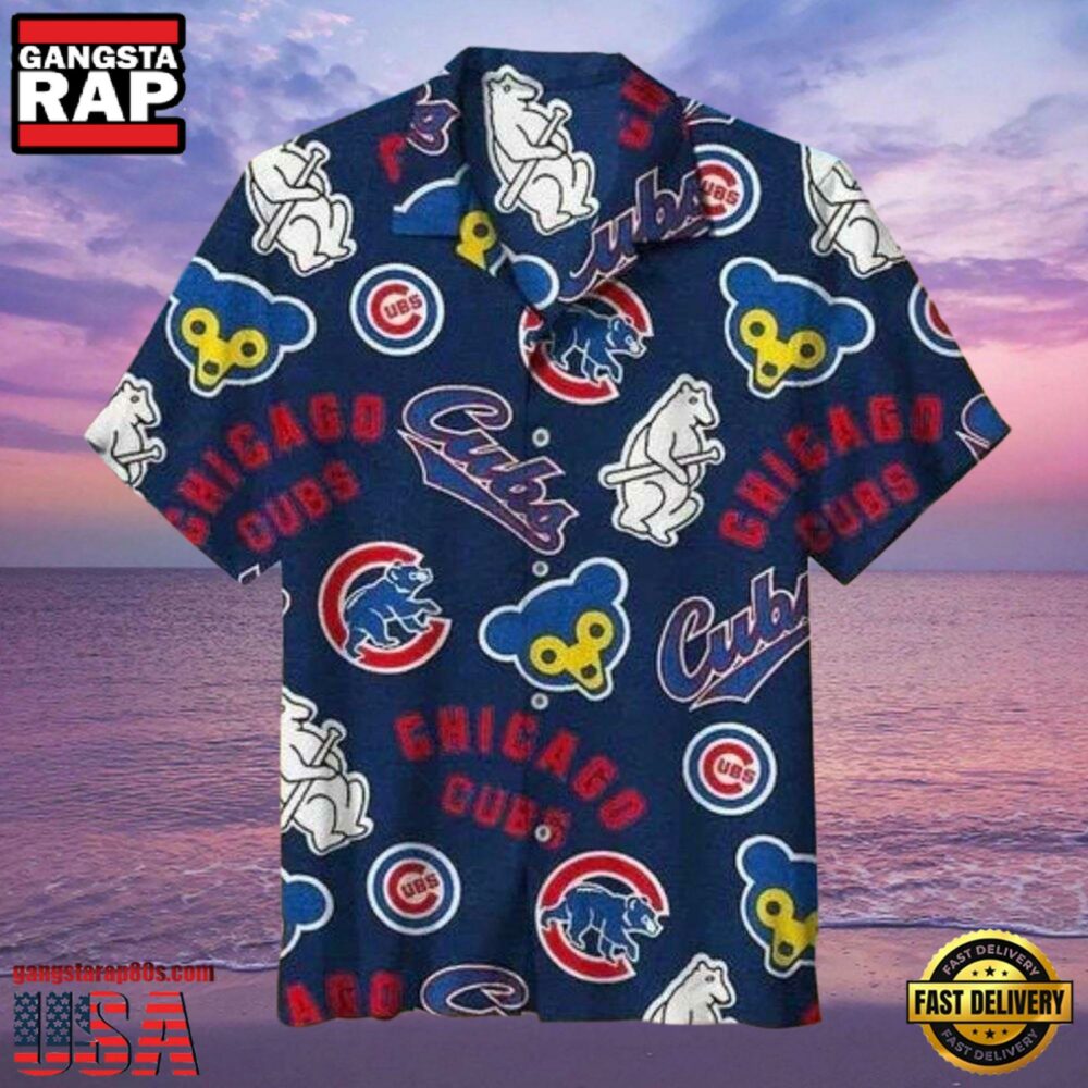 MLB Iconic Chicago Cubs Emblems Navy Aloha Hawaiian Shirt Chicago Cubs Aloha Wear