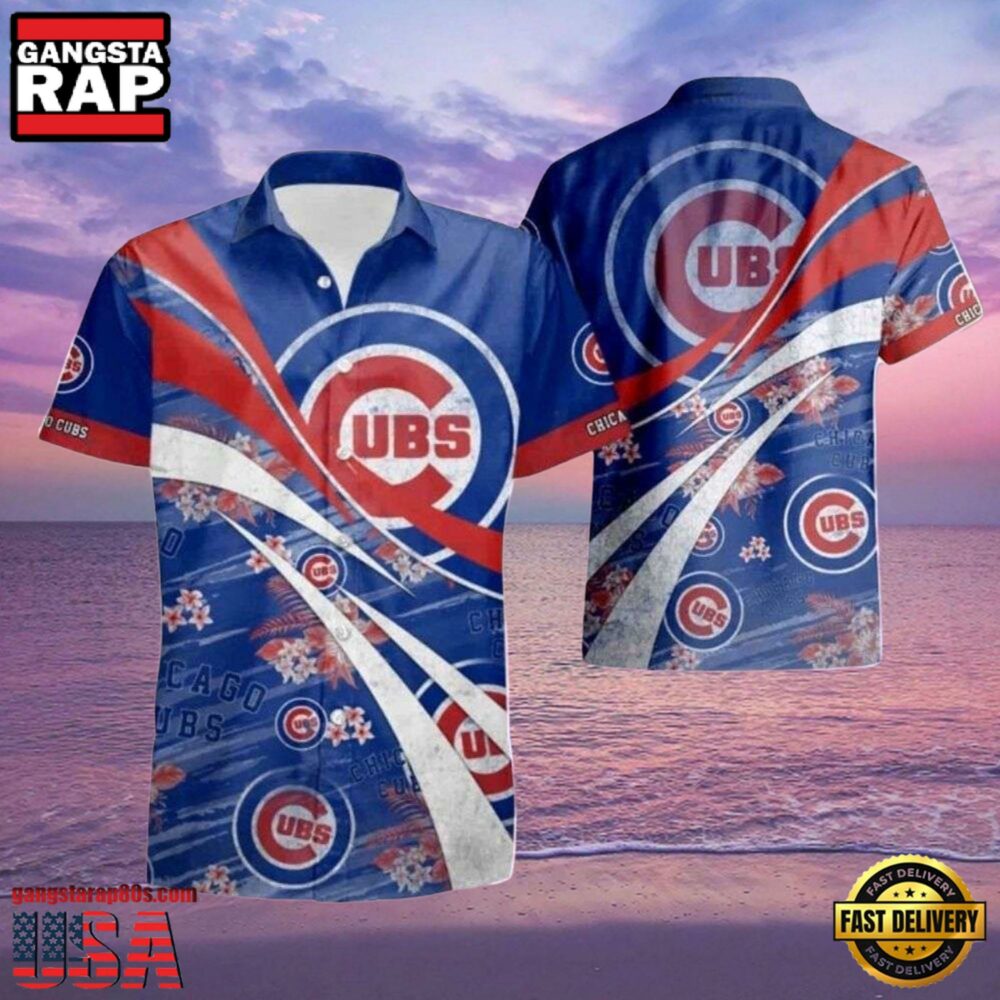 MLB Iconic Stripes And Floral Accents Chicago Cubs Aloha Hawaiian Shirt