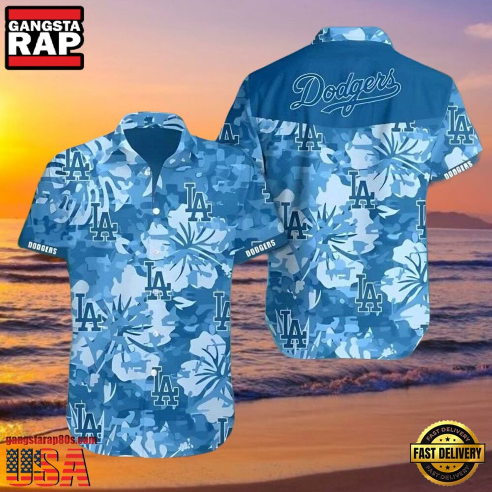 MLB LA Dodgers Camouflage Hibiscus Flower Pattern Aloha Hawaiian Shirt