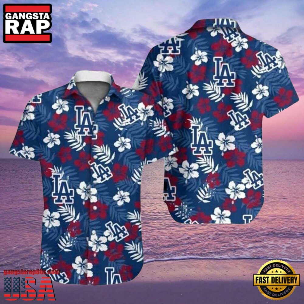 MLB LA Dodgers Floral Emblem Aloha Shirt Classic Red And Blue