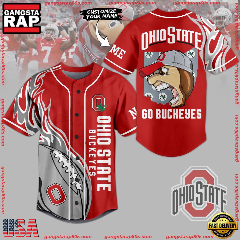 NCAA Custom Name Ohio State Buckeyes Mascot Crazy New Design Baseball Jersey NCAA Custom Name Ohio State Buckeyes Mascot Crazy New Design Baseball Jersey