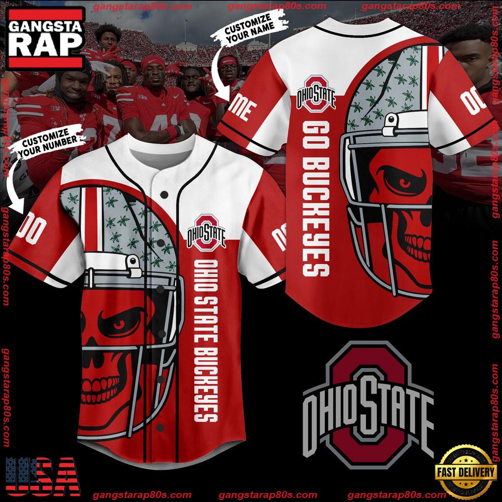 NCAA Custom Name Ohio State Buckeyes Skull Helmet New Design Baseball Jersey NCAA Custom Name Ohio State Buckeyes Skull Helmet New Design Baseball Jersey