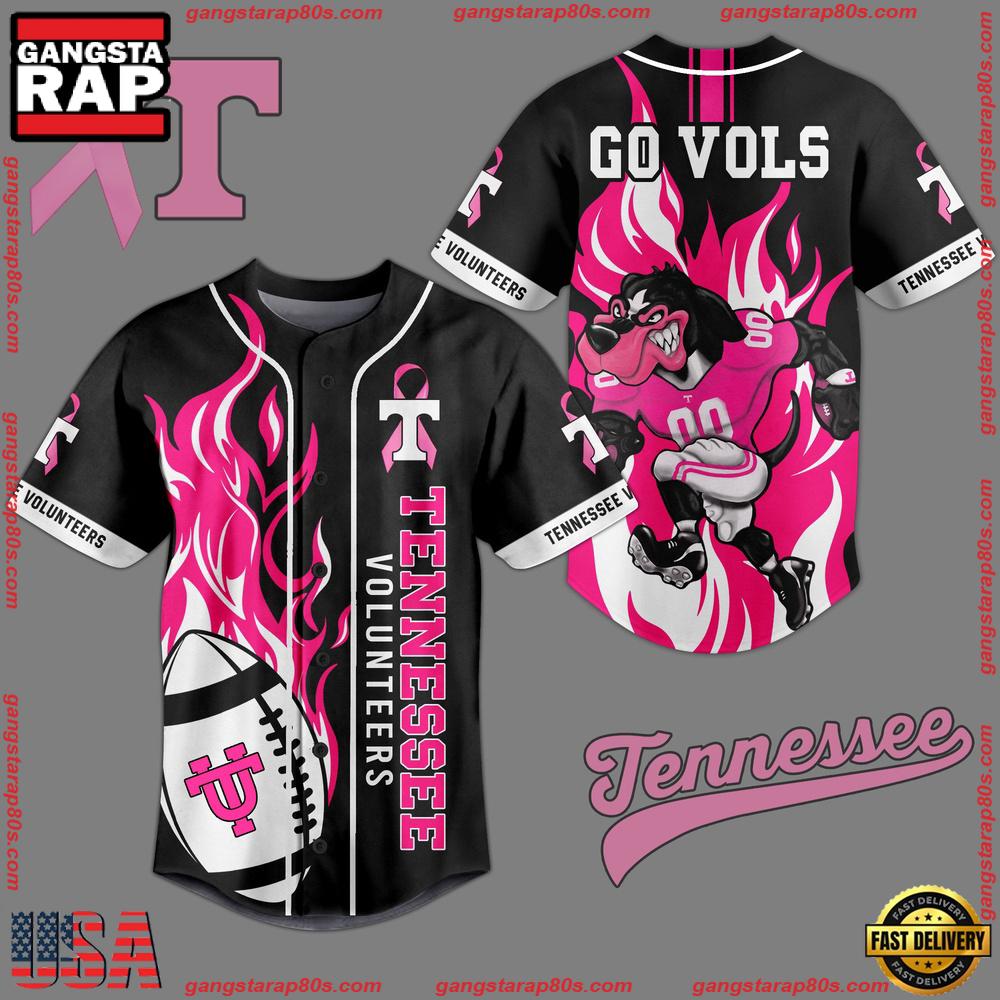 NCAA Custom Name Tennessee Volunteers Breast Cancer Awareness Black New Design Baseball Jersey NCAA Custom Name Tennessee Volunteers Breast Cancer Awareness Black New Design Baseball Jersey