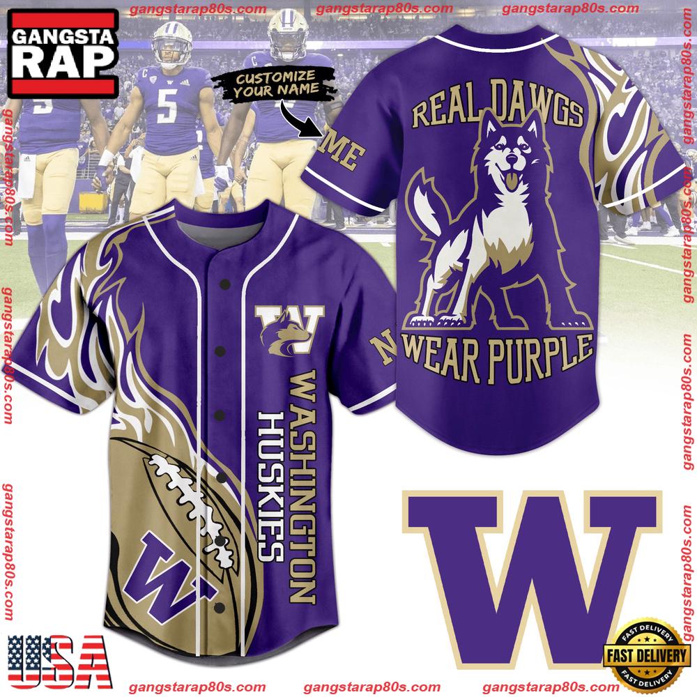 NCAA Custom Name Washington Huskies Real Dawgs Wear Purple New Design Baseball Jersey NCAA Custom Name Washington Huskies Real Dawgs Wear Purple New Design Baseball Jersey