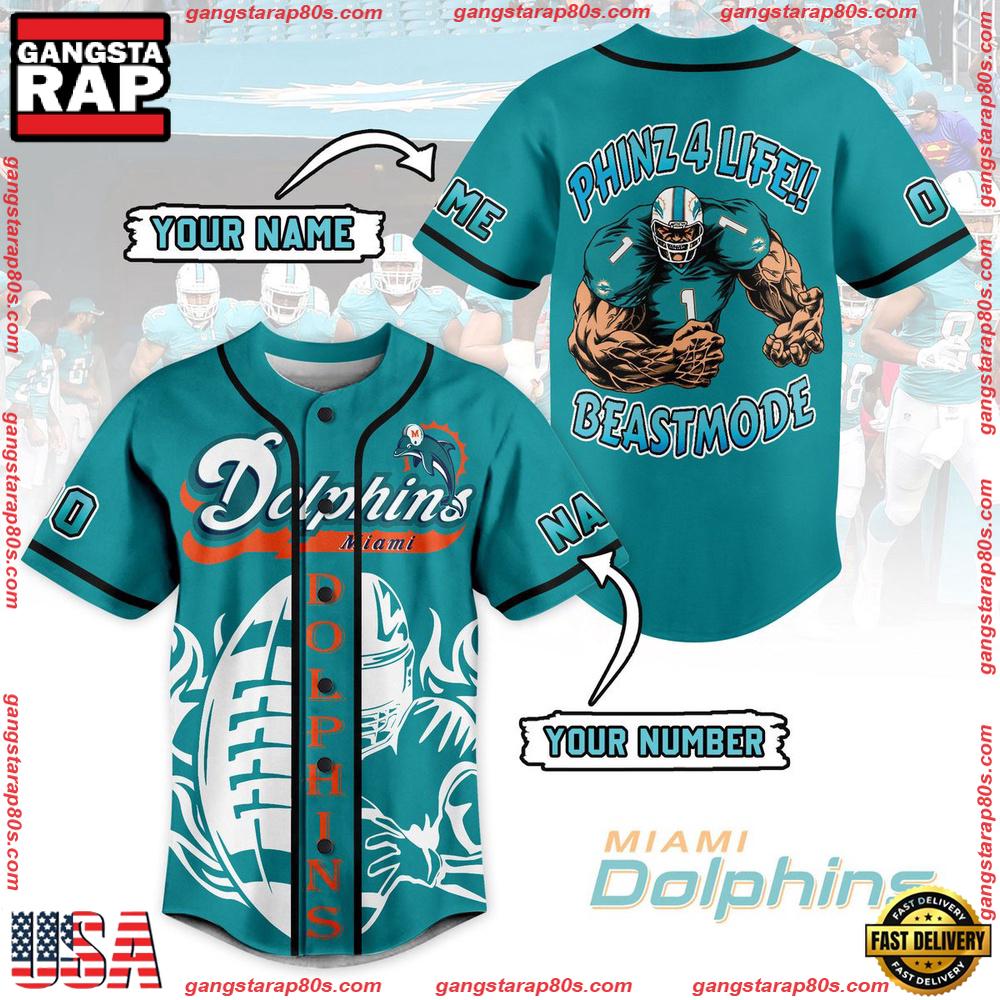 NFL Miami Dolphins Phinz 4 Life Beastmode Custom Name Number Baseball Jersey NFL Miami Dolphins Phinz 4 Life Beastmode Custom Name Number Baseball Jersey