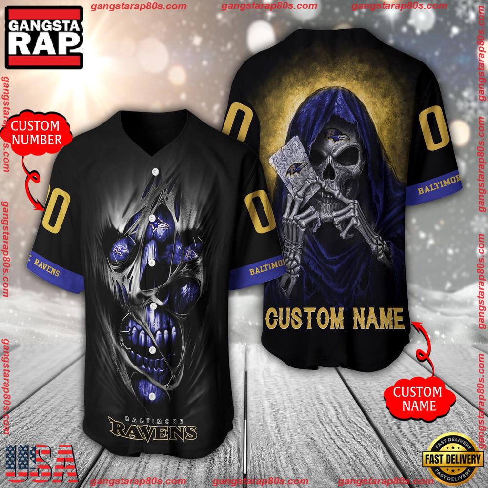 NFL Custom Name Number Baltimore Ravens Team Skull Death Baseball Jersey Shirt NFL Custom Name Number Baltimore Ravens Team Skull Death Baseball Jersey Shirt
