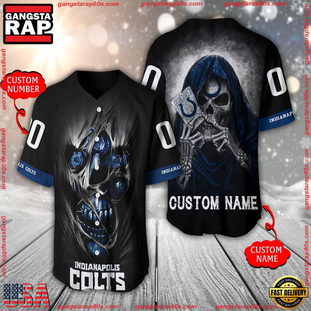 NFL Custom Name Number Indianapolis Colts Team Skull Death Baseball Jersey Shirt NFL Custom Name Number Indianapolis Colts Team Skull Death Baseball Jersey Shirt