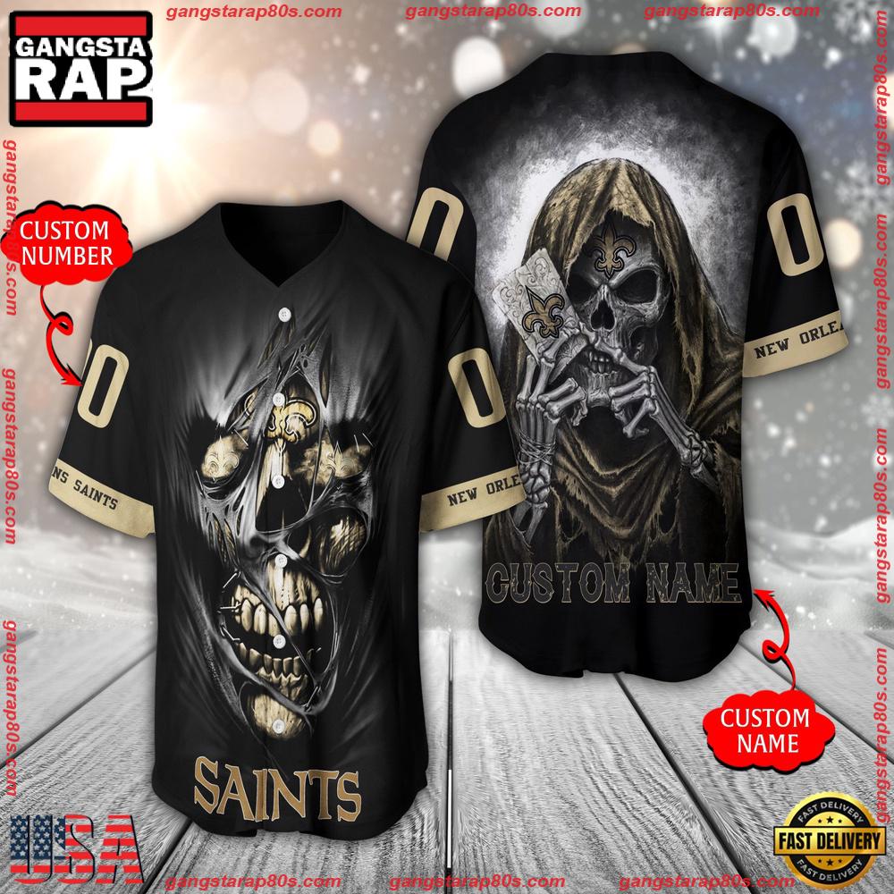 NFL Custom Name Number New Orleans Saints Team Skull Death Baseball Jersey Shirt NFL Custom Name Number New Orleans Saints Team Skull Death Baseball Jersey Shirt