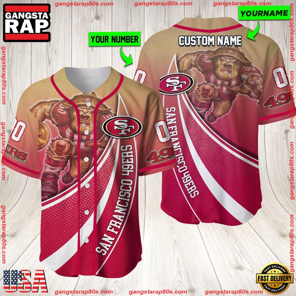 NFL Custom Name Number San Francisco 49ers Mascot Football New Design Baseball Jersey Shirt NFL Custom Name Number San Francisco 49ers Mascot Football New Design Baseball Jersey Shirt