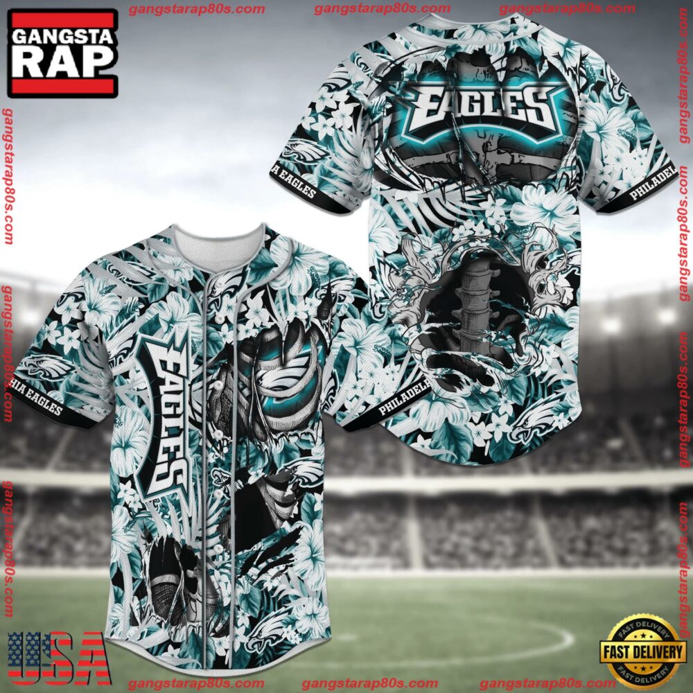 NFL Philadelphia Eagles Flower Skeleton New Design Baseball Jersey Shirt NFL Philadelphia Eagles Flower Skeleton New Design Baseball Jersey Shirt