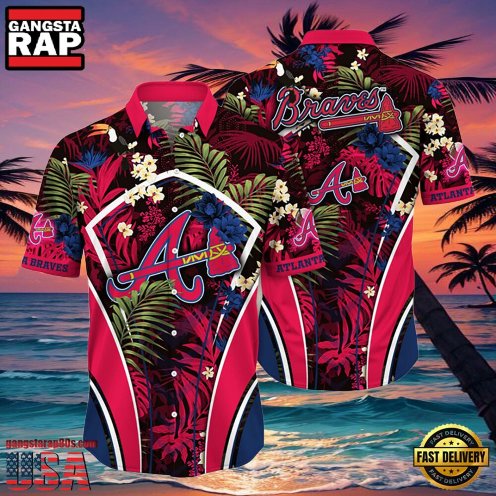 MLB Atlanta Braves Flower Tropical Aloha Hawaiian Button Down Shirt