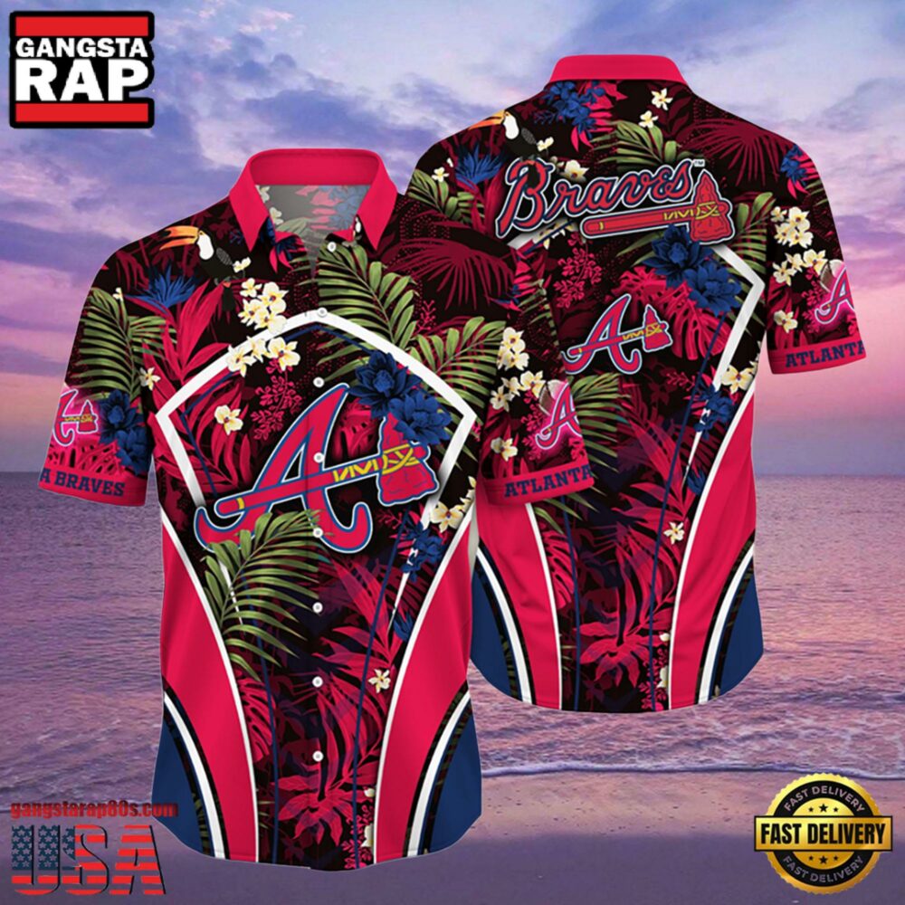 MLB Atlanta Braves Flower Tropical Aloha Hawaiian Button Down Shirt