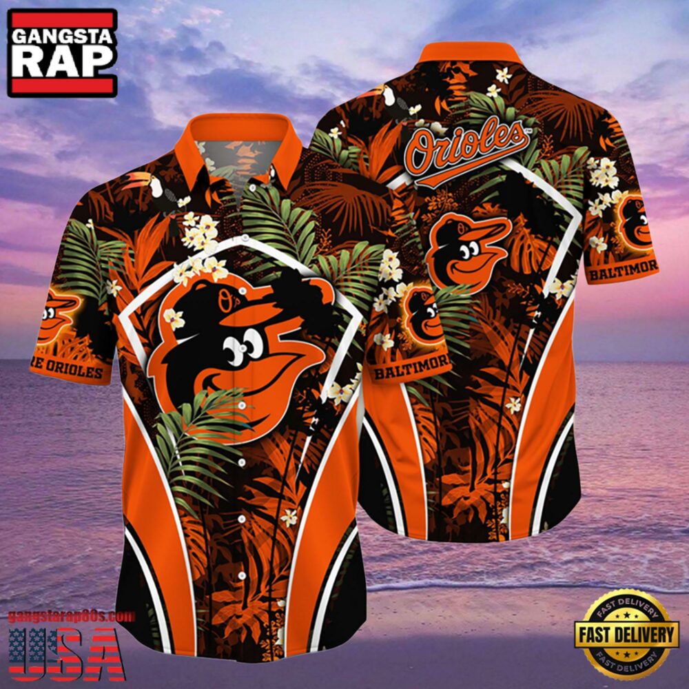 MLB Baltimore Orioles Flower Tropical Aloha Hawaiian Button Down Shirt