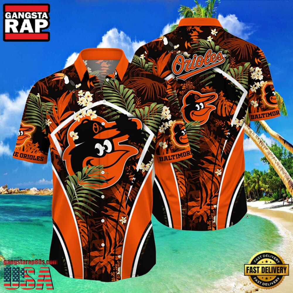 MLB Baltimore Orioles Flower Tropical Aloha Hawaiian Button Down Shirt MLB Baltimore Orioles Flower Tropical Aloha Hawaiian Button Down Shirt