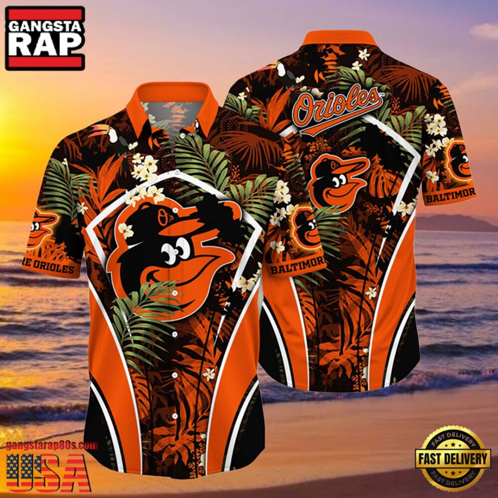 MLB Baltimore Orioles Flower Tropical Aloha Hawaiian Button Down Shirt MLB Baltimore Orioles Flower Tropical Aloha Hawaiian Button Down Shirt