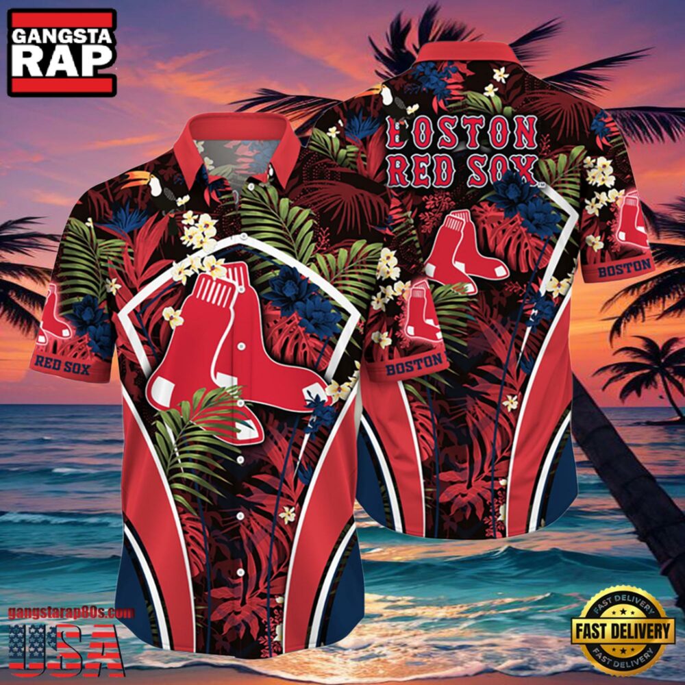 MLB Boston Red Sox Flower Tropical Aloha Hawaiian Button Down Shirt MLB Boston Red Sox Flower Tropical Aloha Hawaiian Button Down Shirt