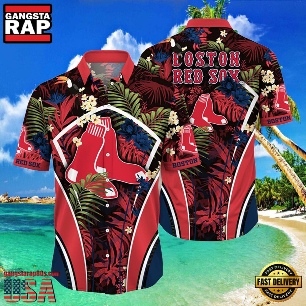 MLB Boston Red Sox Flower Tropical Aloha Hawaiian Button Down Shirt MLB Boston Red Sox Flower Tropical Aloha Hawaiian Button Down Shirt