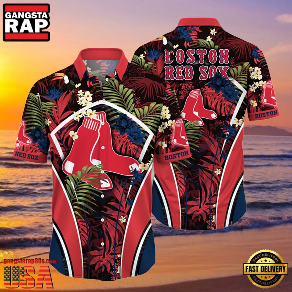 MLB Boston Red Sox Flower Tropical Aloha Hawaiian Button Down Shirt MLB Boston Red Sox Flower Tropical Aloha Hawaiian Button Down Shirt