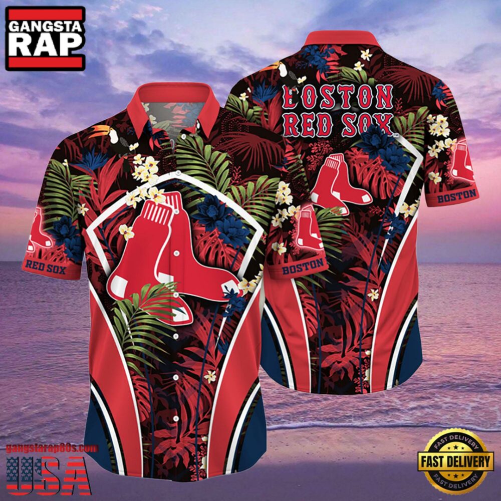 MLB Boston Red Sox Flower Tropical Aloha Hawaiian Button Down Shirt MLB Boston Red Sox Flower Tropical Aloha Hawaiian Button Down Shirt
