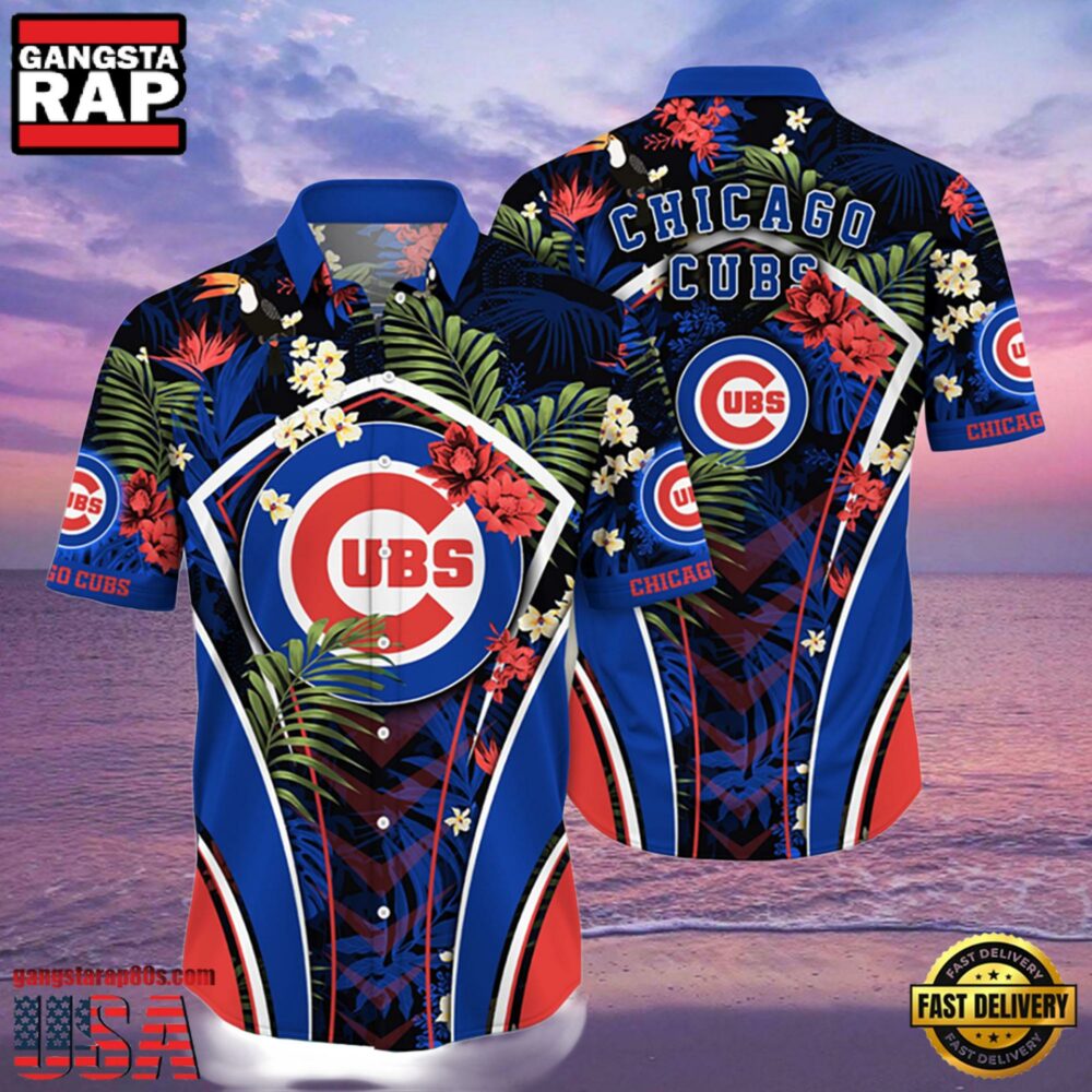 MLB Chicago Cubs Flower Tropical Aloha Hawaiian Button Down Shirt