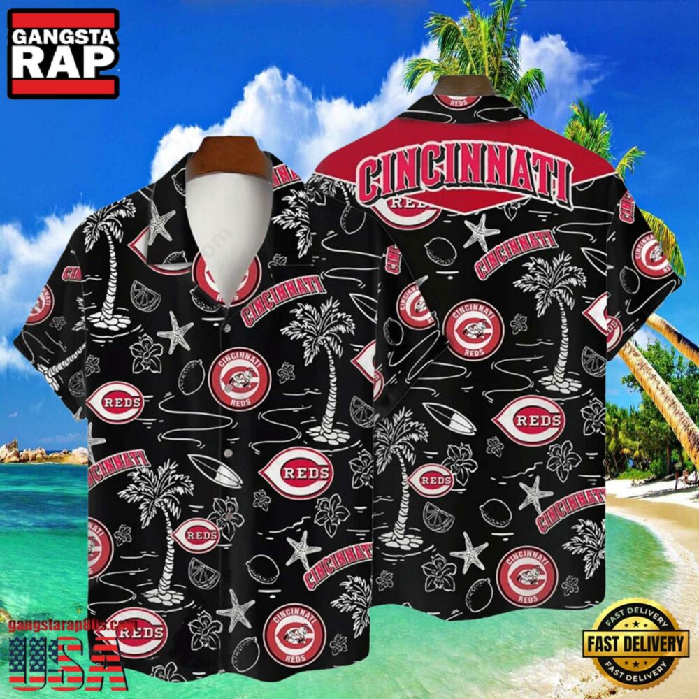 MLB Cincinnati Reds Tropical Palms Black Aloha Hawaiian Shirt MLB Cincinnati Reds Tropical Palms Black Aloha Hawaiian Shirt