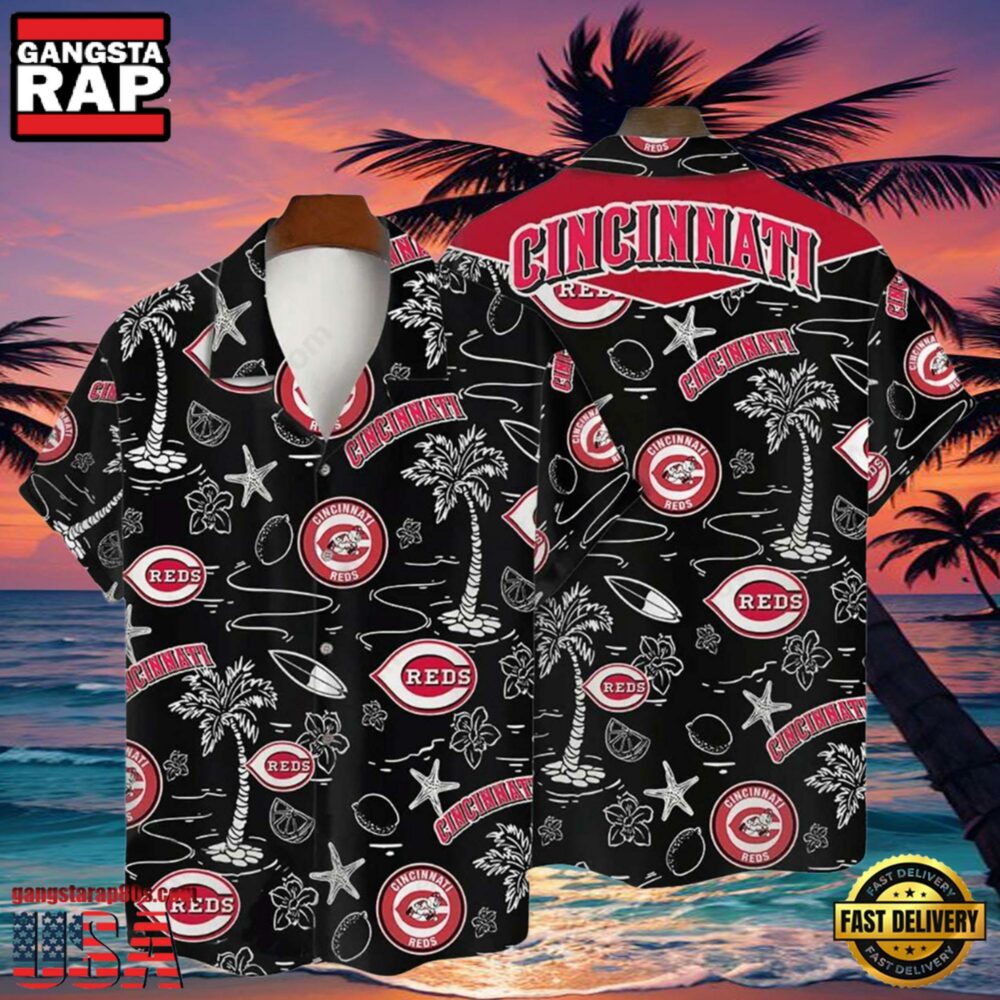 MLB Cincinnati Reds Tropical Palms Black Aloha Hawaiian Shirt MLB Cincinnati Reds Tropical Palms Black Aloha Hawaiian Shirt