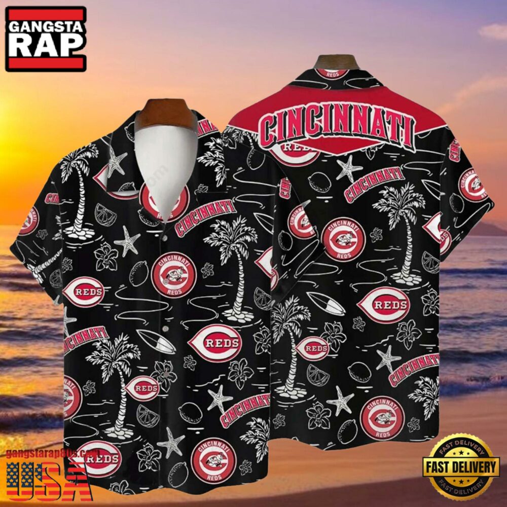 MLB Cincinnati Reds Tropical Palms Black Aloha Hawaiian Shirt MLB Cincinnati Reds Tropical Palms Black Aloha Hawaiian Shirt