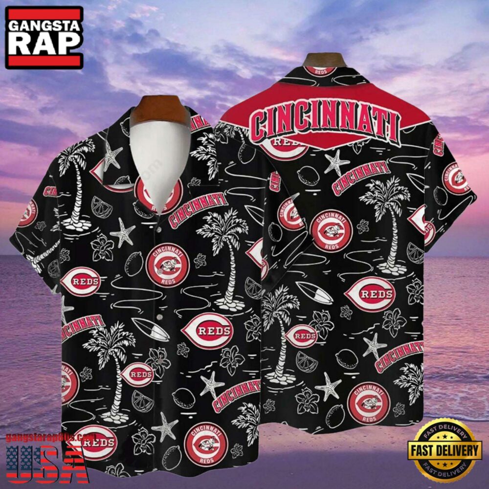 MLB Cincinnati Reds Tropical Palms Black Aloha Hawaiian Shirt MLB Cincinnati Reds Tropical Palms Black Aloha Hawaiian Shirt