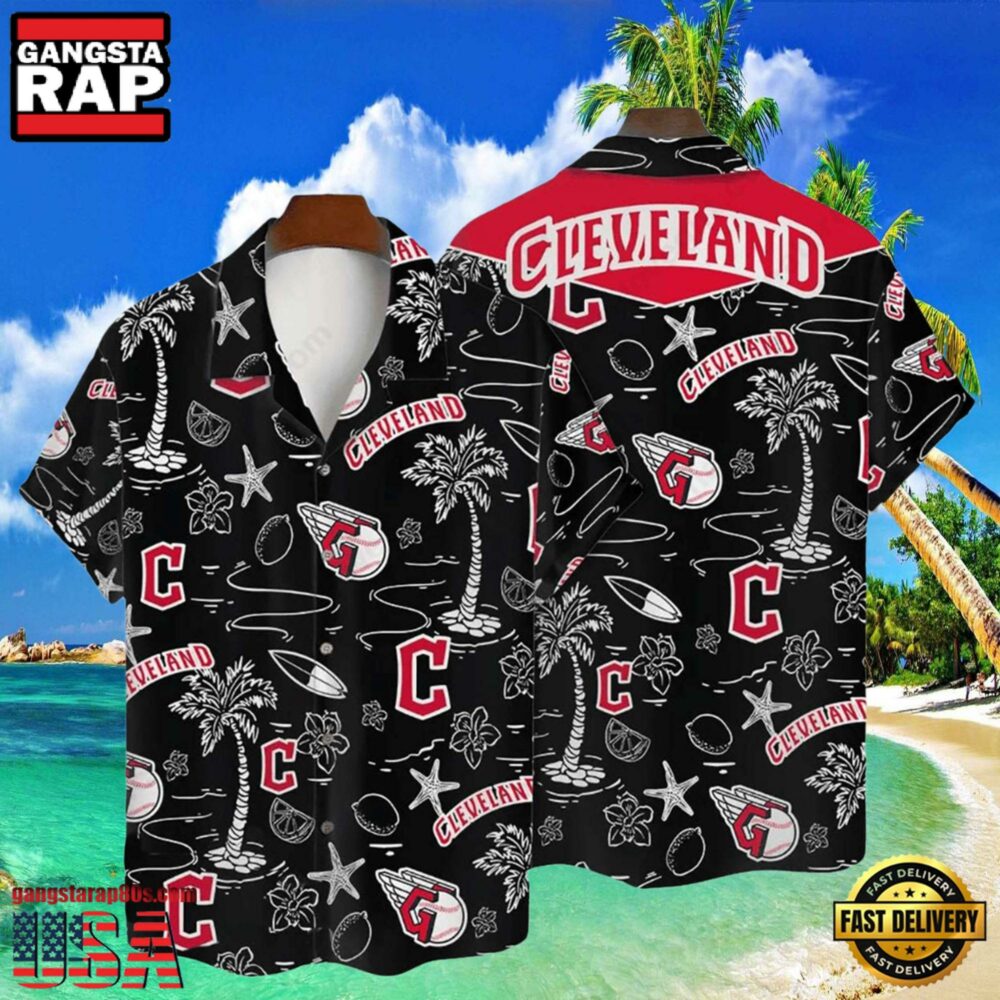 MLB Cleveland Guardians Tropical Palms Black Hot Summer Hawaiian Shirt