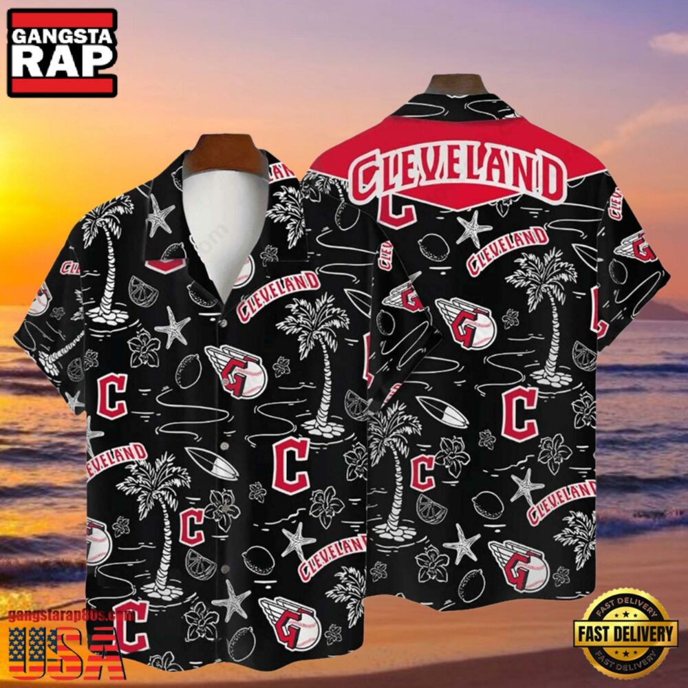 MLB Cleveland Guardians Tropical Palms Black Hot Summer Hawaiian Shirt MLB Cleveland Guardians Tropical Palms Black Hot Summer Hawaiian Shirt