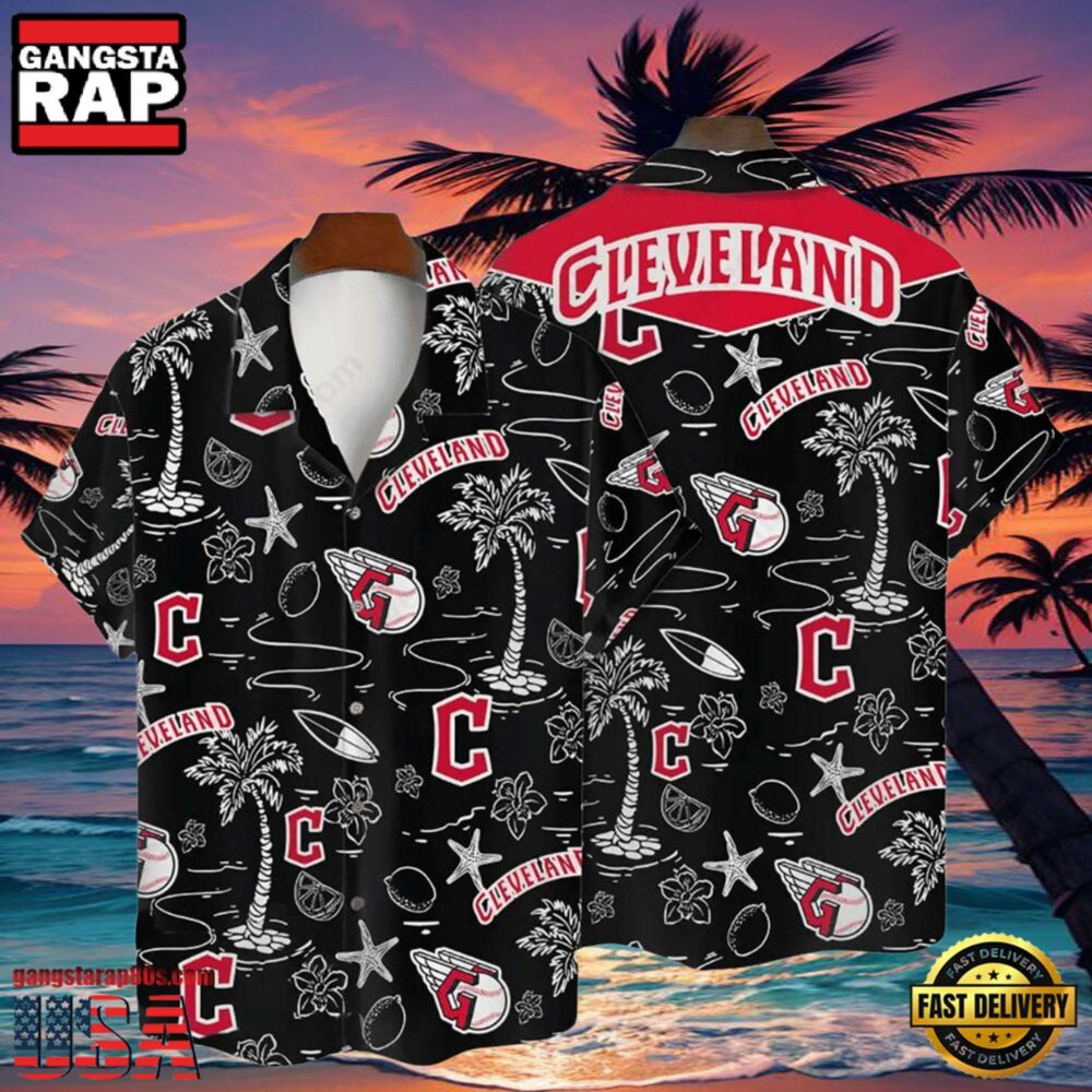 MLB Cleveland Guardians Tropical Palms Black Hot Summer Hawaiian Shirt MLB Cleveland Guardians Tropical Palms Black Hot Summer Hawaiian Shirt