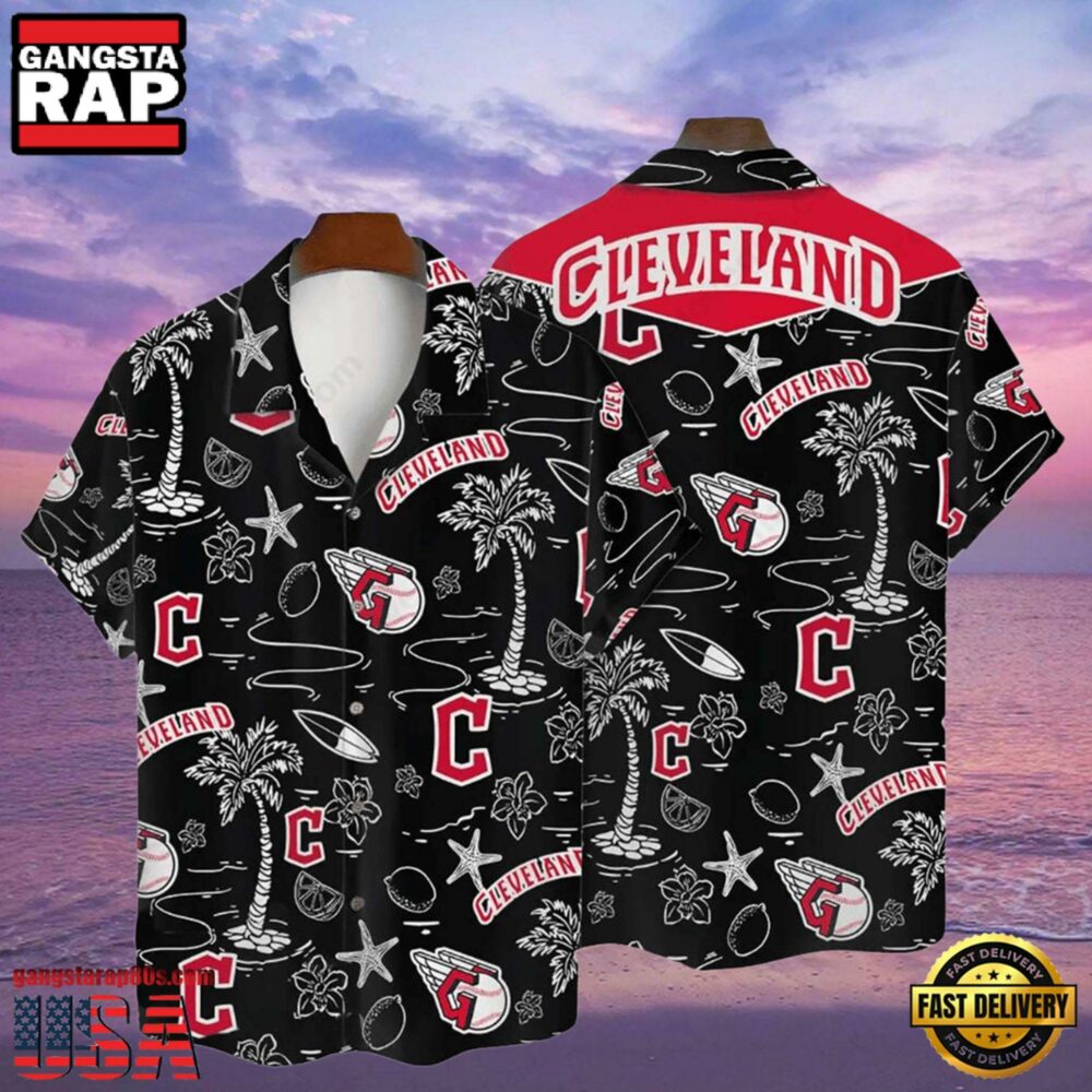 MLB Cleveland Guardians Tropical Palms Black Hot Summer Hawaiian Shirt