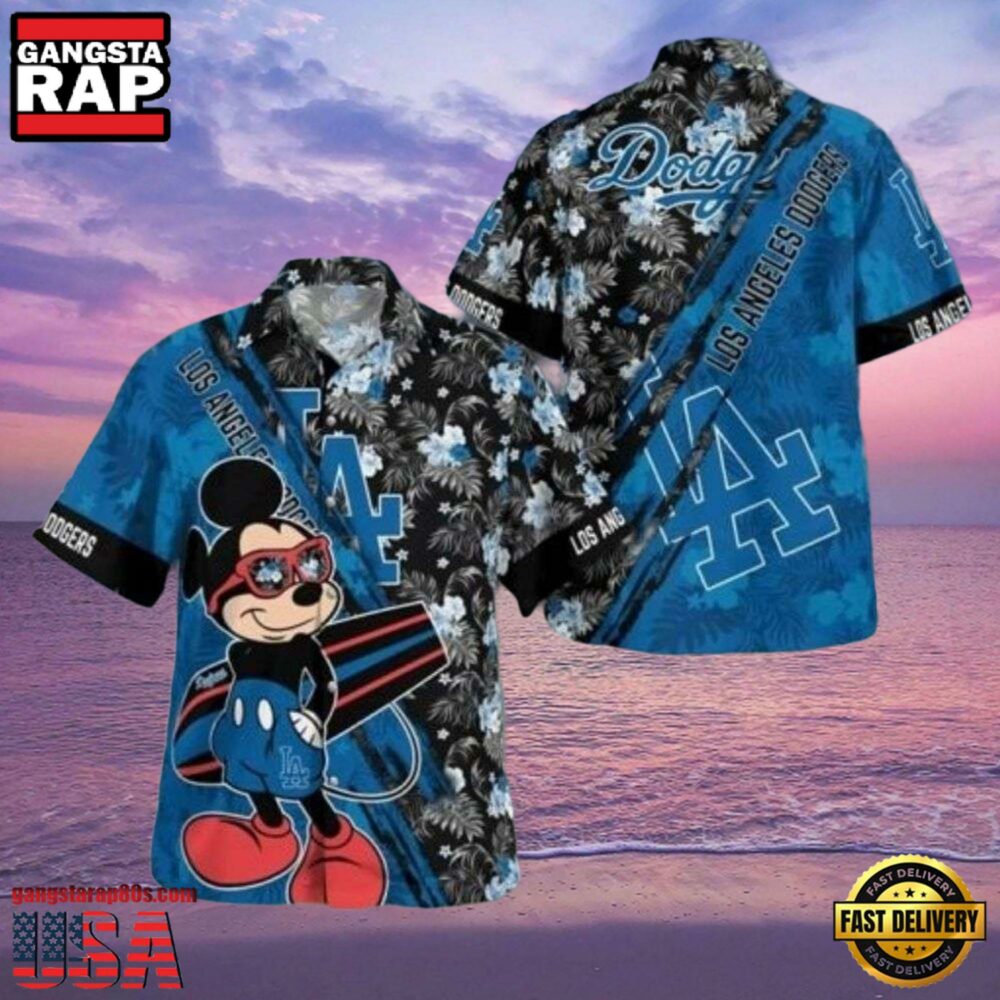 MLB LA Dodgers With Mickey Mouse And Tropical Flowers Aloha Hawaiian Shirt.jpg 1Group