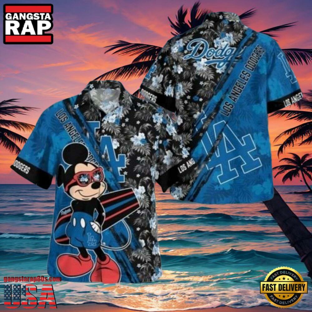 MLB LA Dodgers With Mickey Mouse And Tropical Flowers Aloha Hawaiian Shirt.jpg 1Group