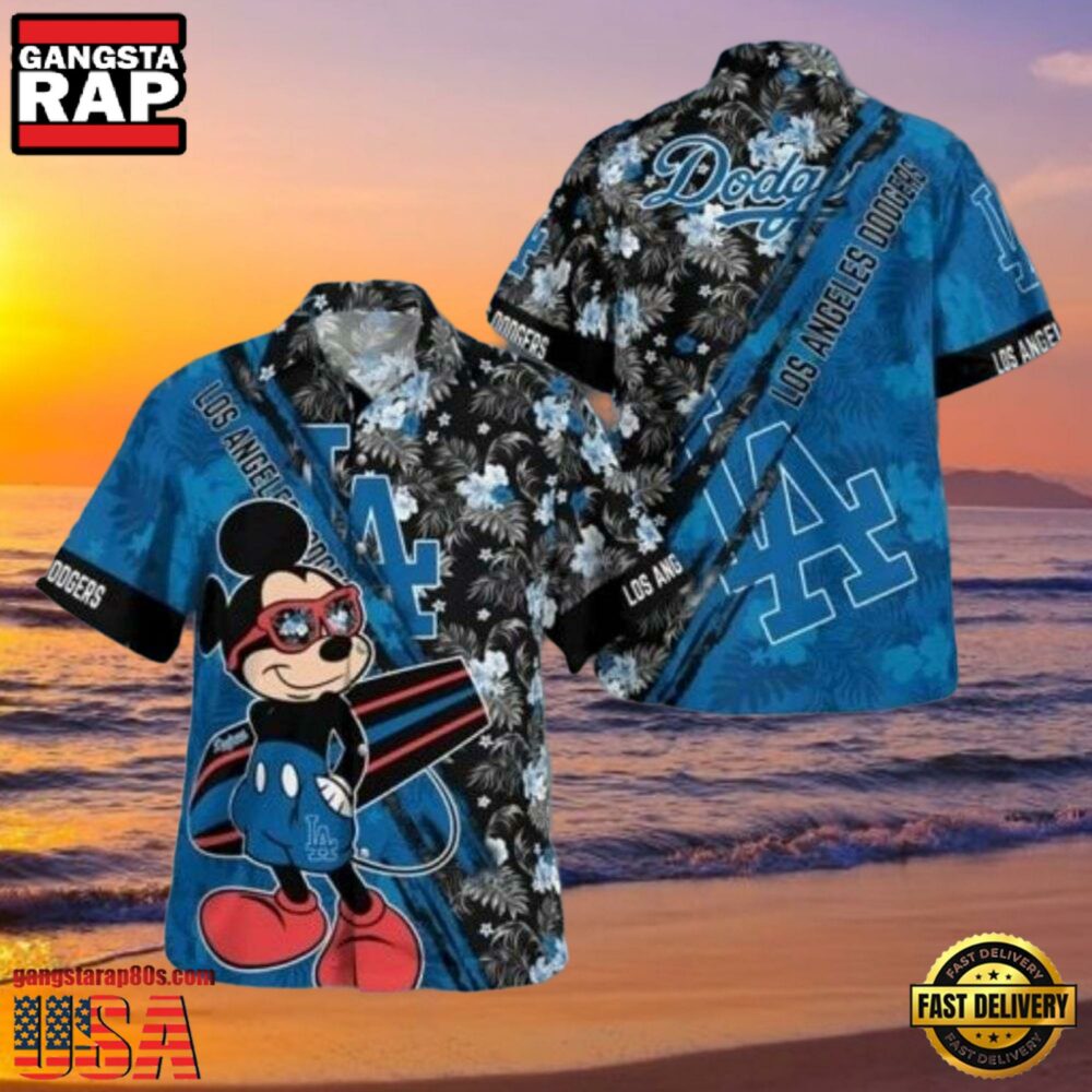 MLB LA Dodgers With Mickey Mouse And Tropical Flowers Aloha Hawaiian Shirt MLB LA Dodgers With Mickey Mouse And Tropical Flowers Aloha Hawaiian Shirt