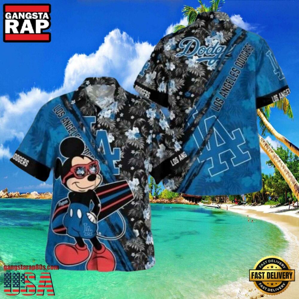 MLB LA Dodgers With Mickey Mouse And Tropical Flowers Aloha Hawaiian Shirt MLB LA Dodgers With Mickey Mouse And Tropical Flowers Aloha Hawaiian Shirt