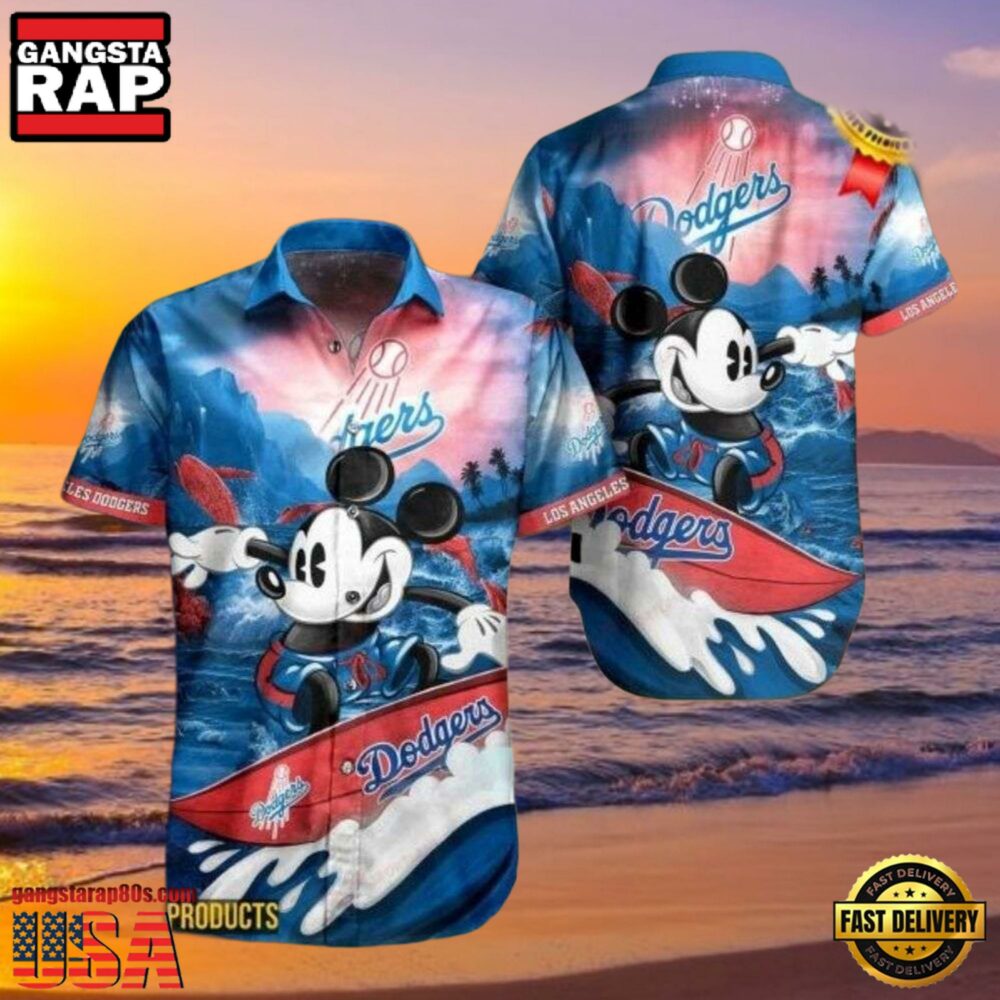 MLB LA Dodgers With Surfing Mickey Graphic Aloha Hawaiian Shirt MLB LA Dodgers With Surfing Mickey Graphic Aloha Hawaiian Shirt