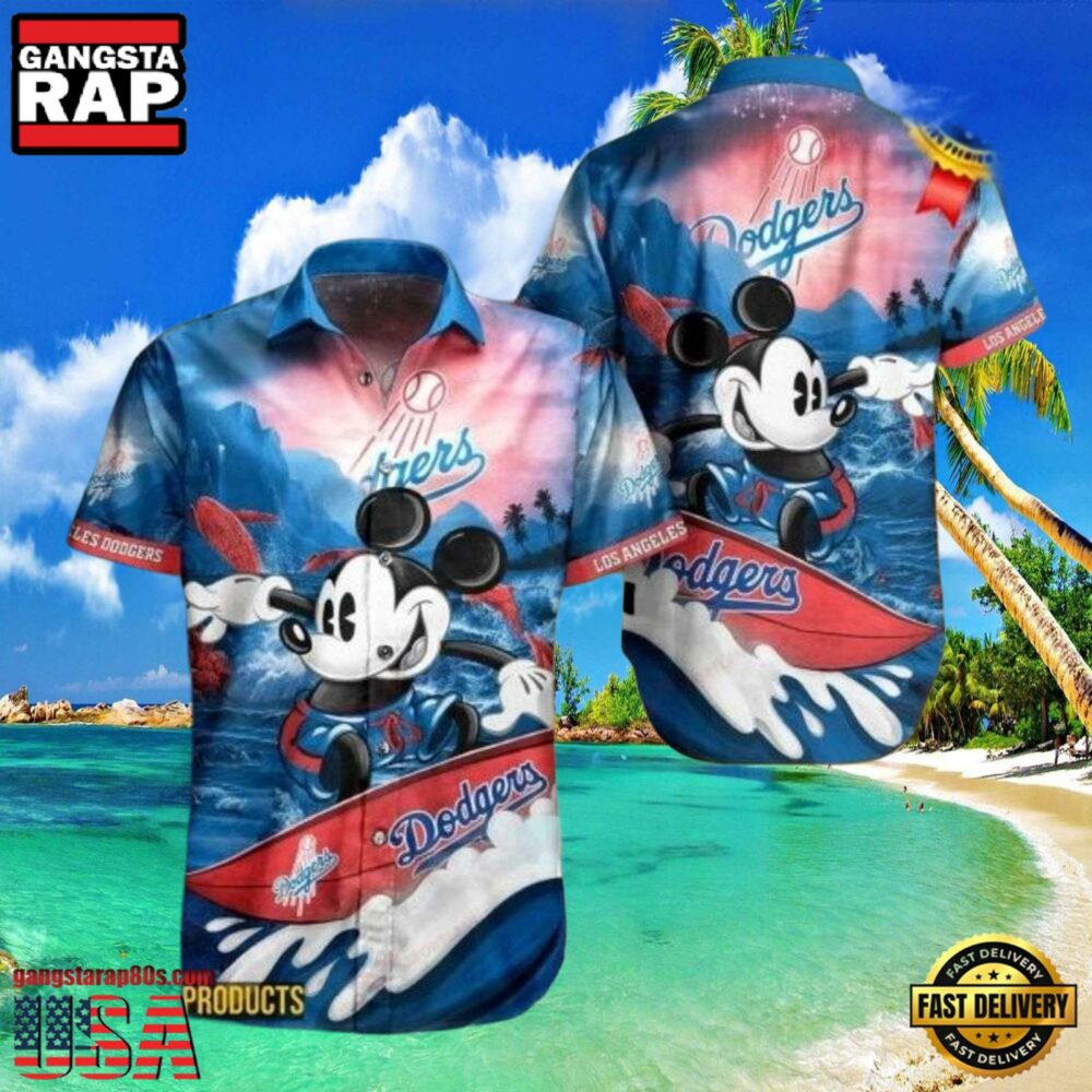 MLB LA Dodgers With Surfing Mickey Graphic Aloha Hawaiian Shirt MLB LA Dodgers With Surfing Mickey Graphic Aloha Hawaiian Shirt
