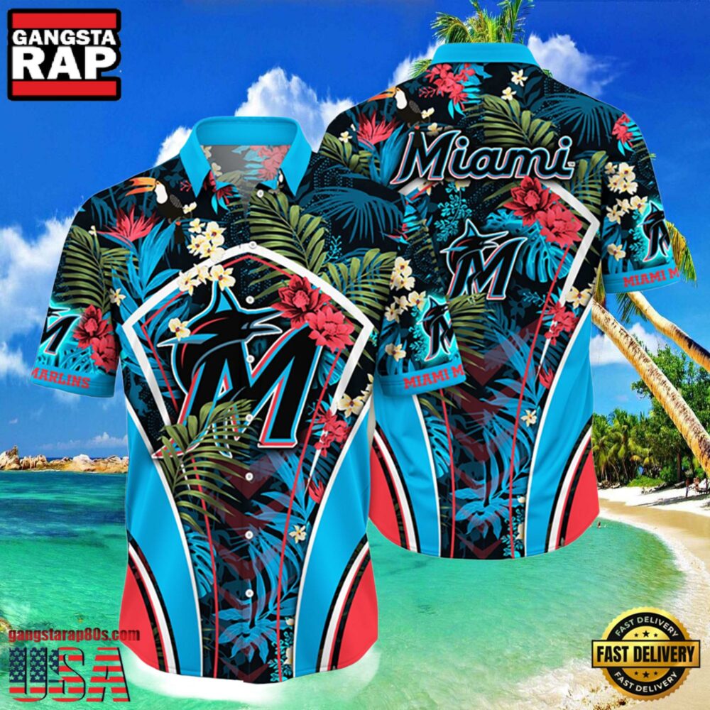MLB Miami Marlins Flower Tropical Hot Summer Hawaiian Button Down Shirt
