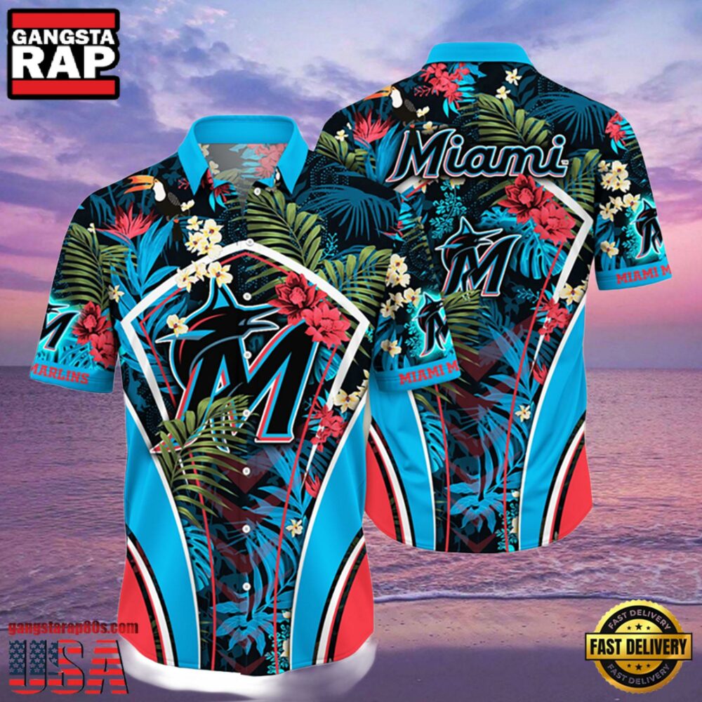 MLB Miami Marlins Flower Tropical Hot Summer Hawaiian Button Down Shirt