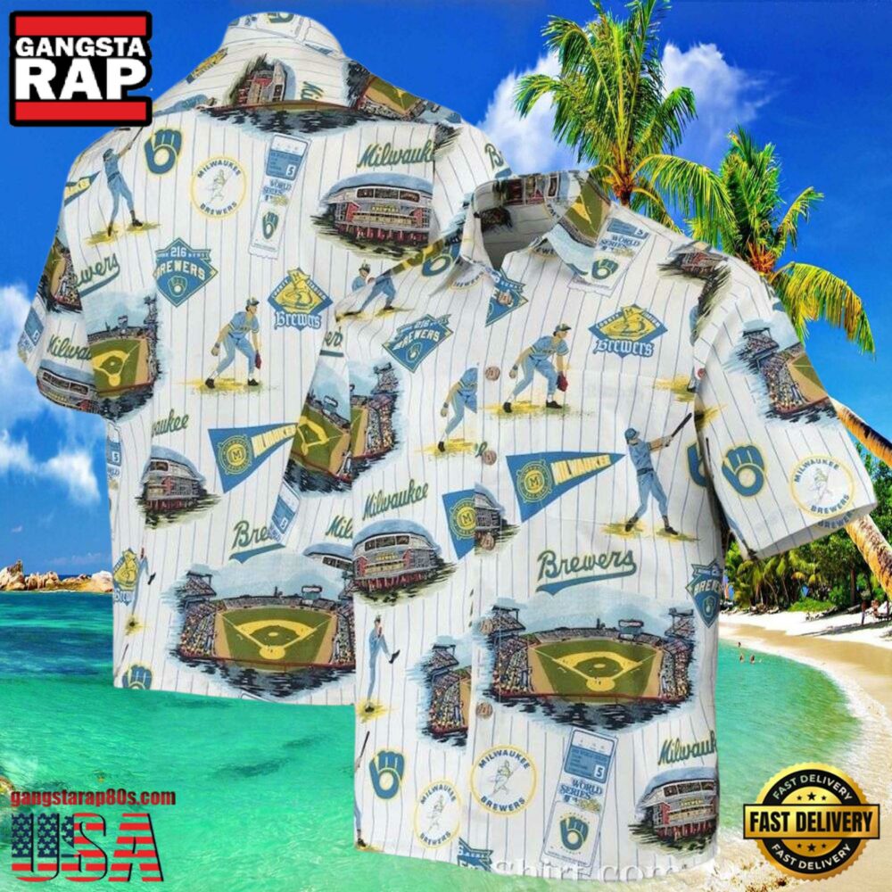 MLB Milwaukee Brewers Tropical Aloha Hawaiian Shirt With Stadium Design MLB Milwaukee Brewers Tropical Aloha Hawaiian Shirt With Stadium Design
